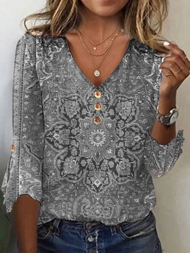 Damen Bohemian bedruckte V-Ausschnitt Bluse mit Knopfdetails Drune