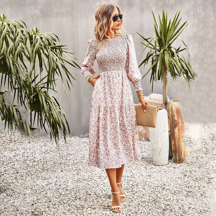 Damen florales Midi-Kleid mit geraffter Taille und langen Ärmeln Drune