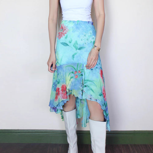 Damen Wickelrock mit floralem Design und voluminösem Rüschenabschluss Drune