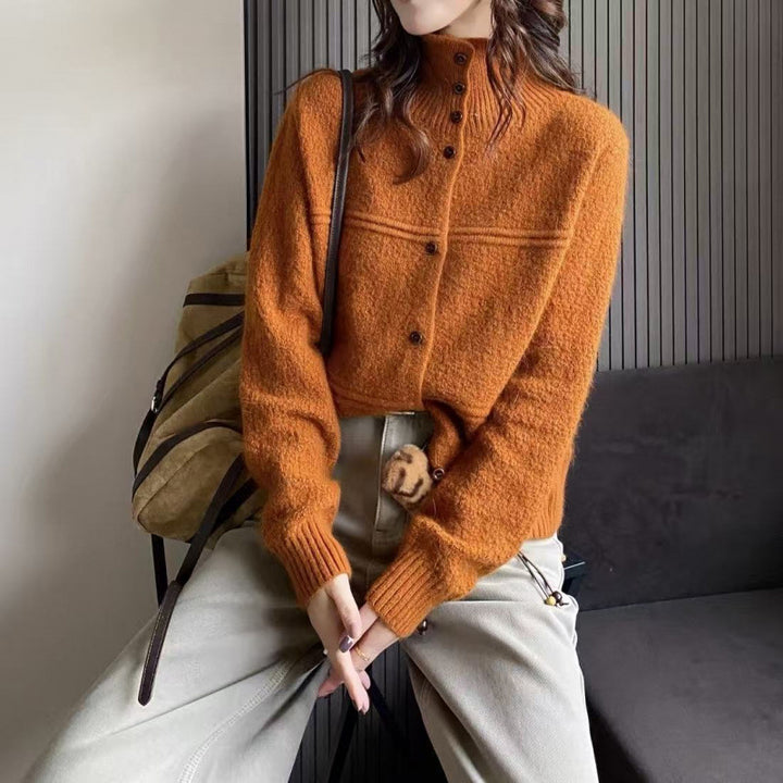 Damen Strickjacke mit hohem Kragen und Knopfdetails Drune