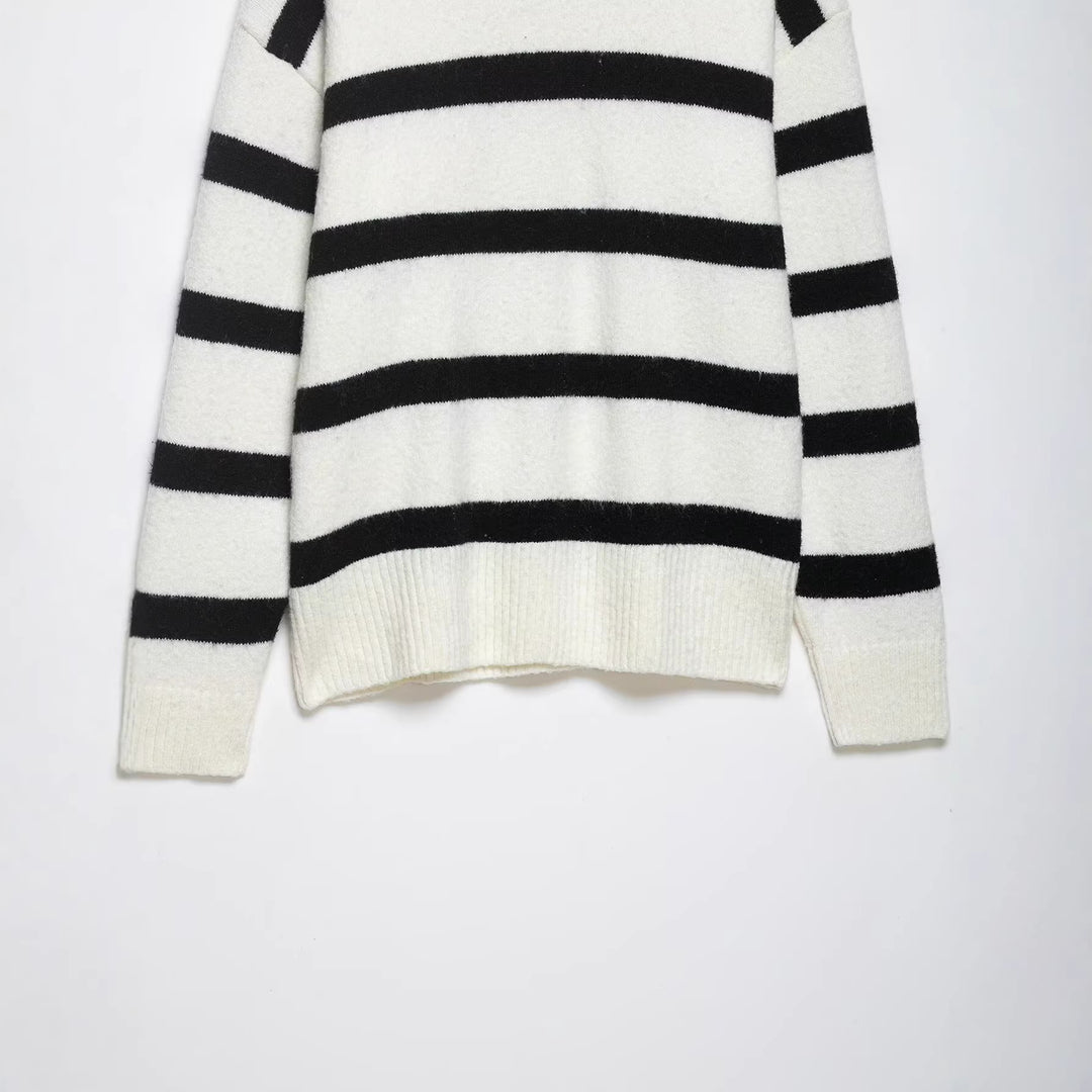 Damen Gestreifter Oversize-Pullover mit Polokragen und tiefem V-Ausschnitt Drune