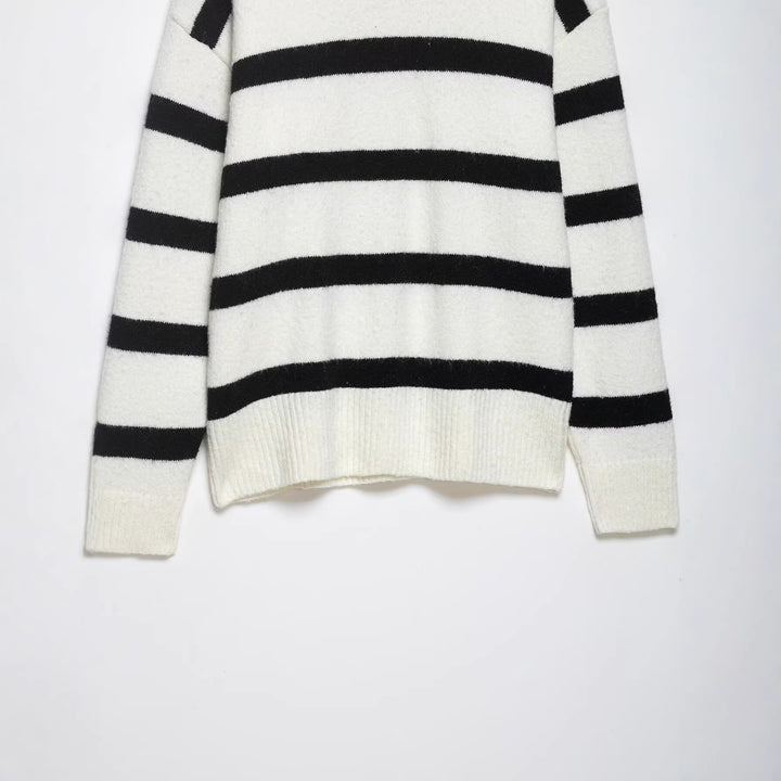 Damen Gestreifter Oversize-Pullover mit Polokragen und tiefem V-Ausschnitt Drune
