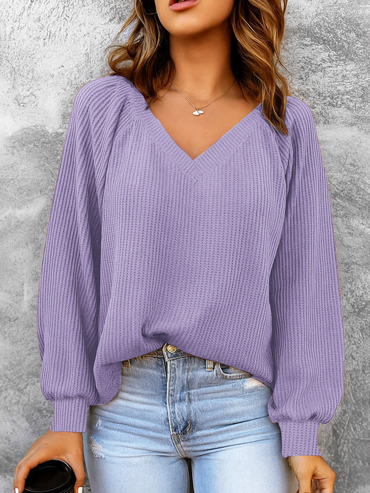 Damen Feinstruktur-Strickpullover mit V-Ausschnitt, Ballonärmeln und Rippbündchen Drune