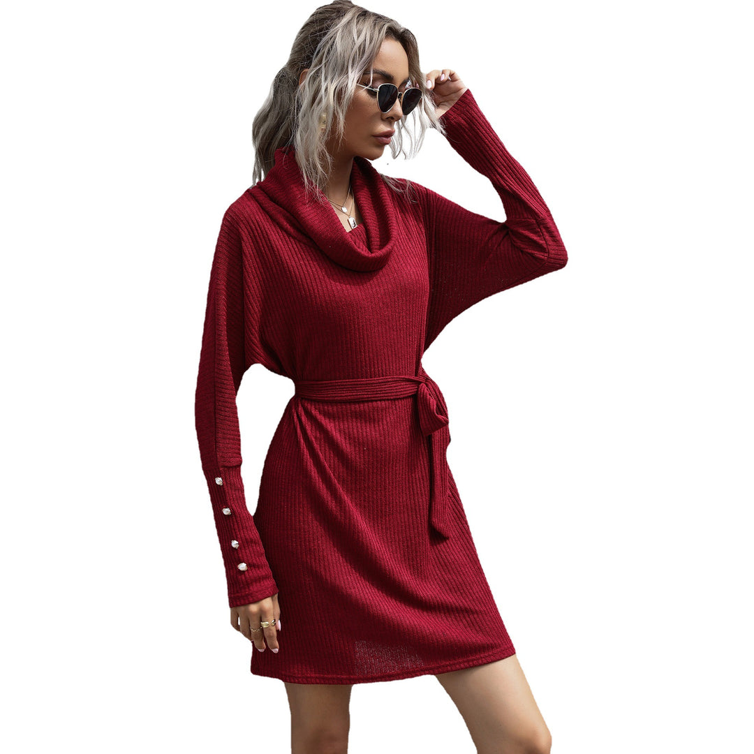 Damen Strickkleid mit weitem Rollkragen, Bindegürtel und Oversize-Ärmeln Drune