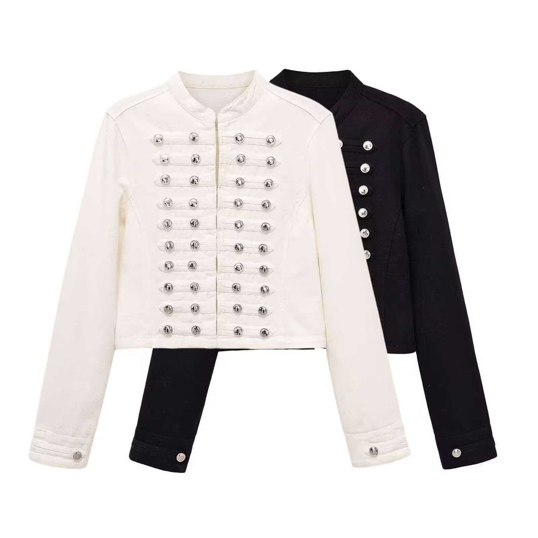 Damen Jeansjacke im Military‑Stil mit Reihenknöpfen und Stehkragen Drune