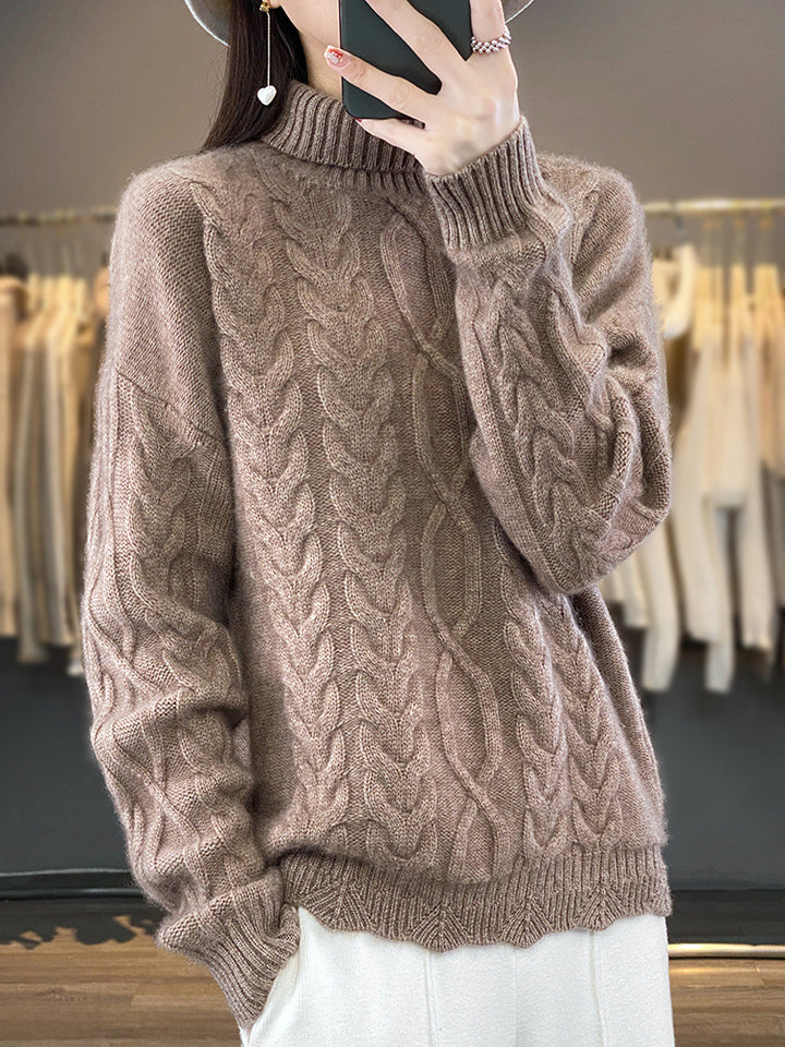 Damen Oversize-Zopfmuster-Pullover mit Mohair-Optik und gerippten Bündchen Drune