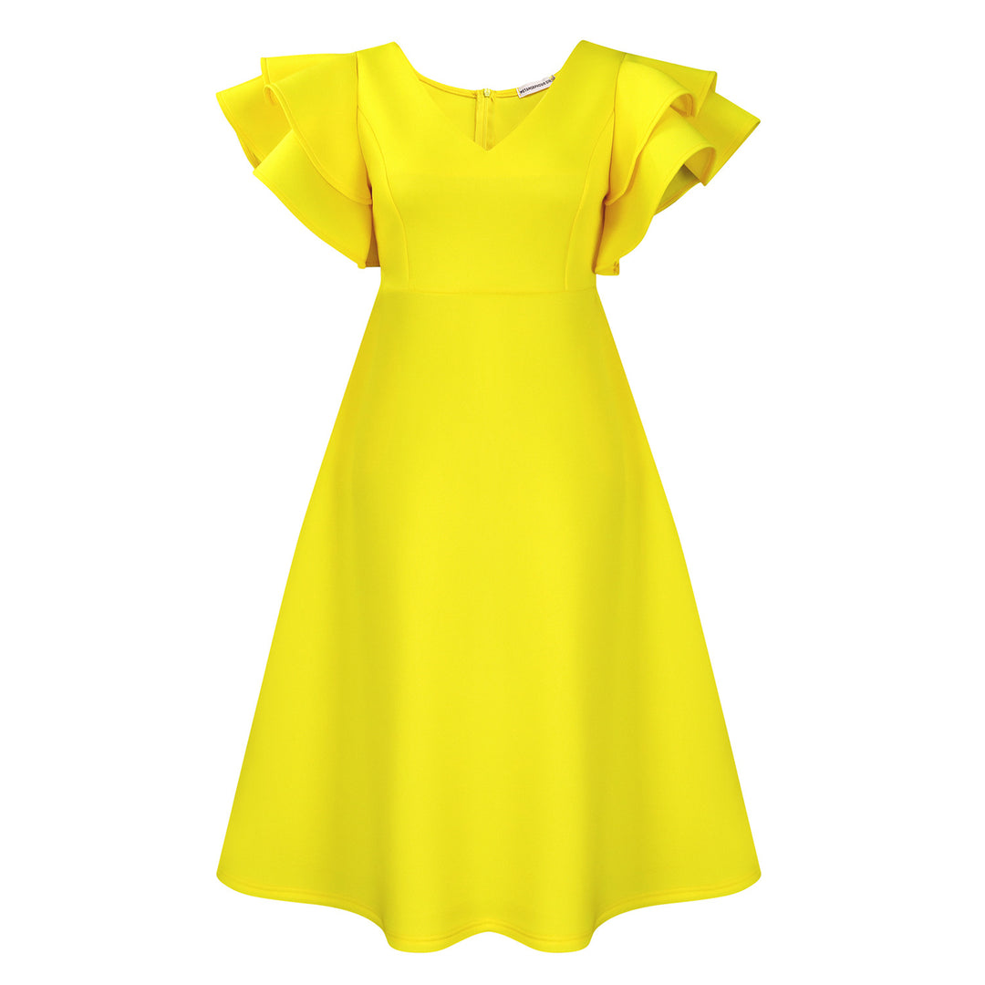 Damen Midi-Kleid mit voluminösen Rüschenärmeln und weit schwingendem Rock Drune