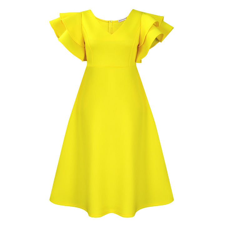 Damen Midi-Kleid mit voluminösen Rüschenärmeln und weit schwingendem Rock Drune