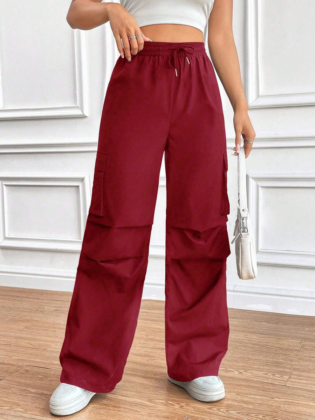Damen Weite High‑Waist Cargo‑Hose mit Elastikbund und großen Klappentaschen Drune
