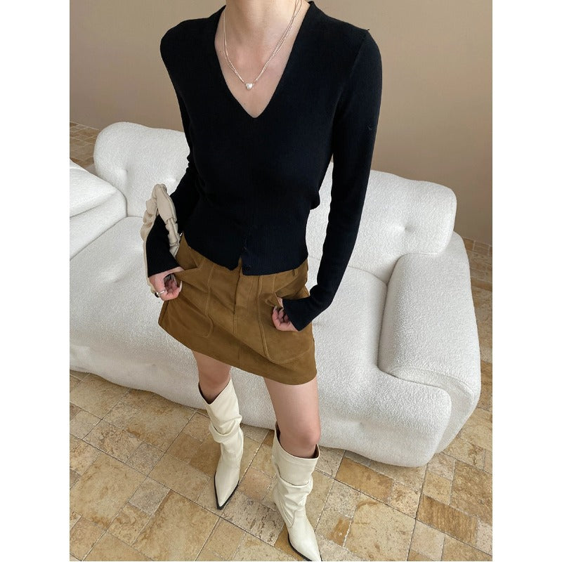 Damen feiner V-Ausschnitt Strickpullover mit Knopfleiste und schmalem Schnitt Drune