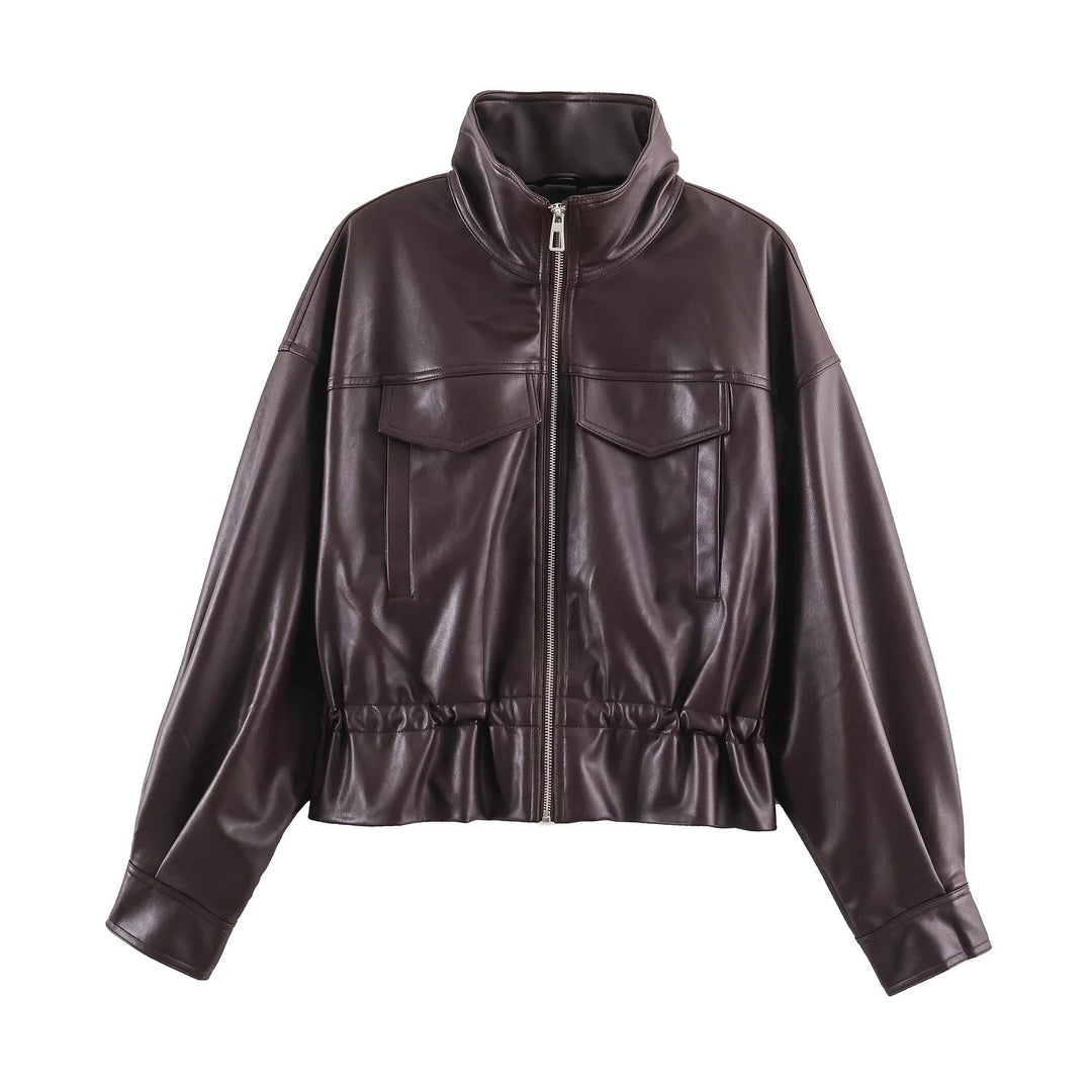 Damen Oversize Blousonjacke aus veganem Leder mit hohem Stehkragen und Kordelzugtaillierung Drune