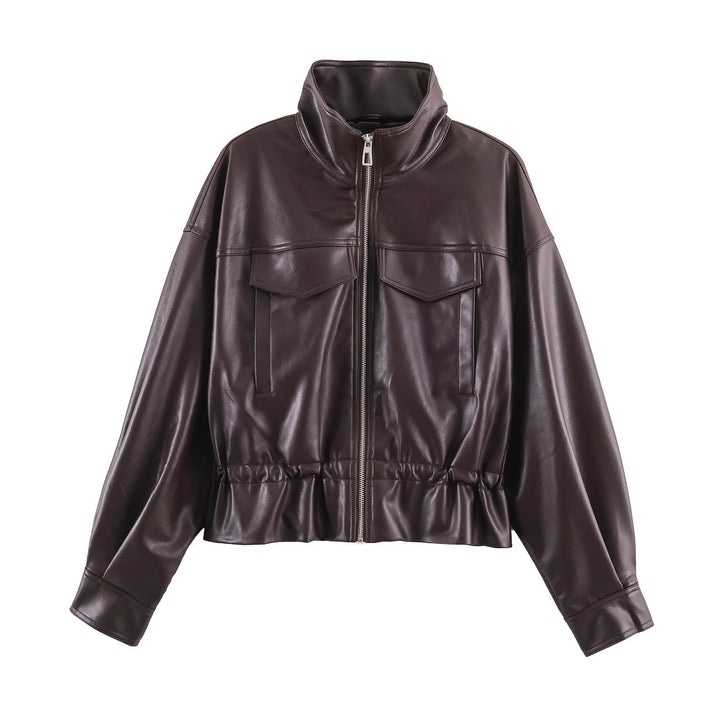Damen Oversize Blousonjacke aus veganem Leder mit hohem Stehkragen und Kordelzugtaillierung Drune