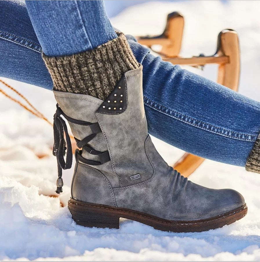 Damen Winterliche Kurzschaft-Stiefelette mit Strickmanschette, Zierkordel und Veloursoptik Drune