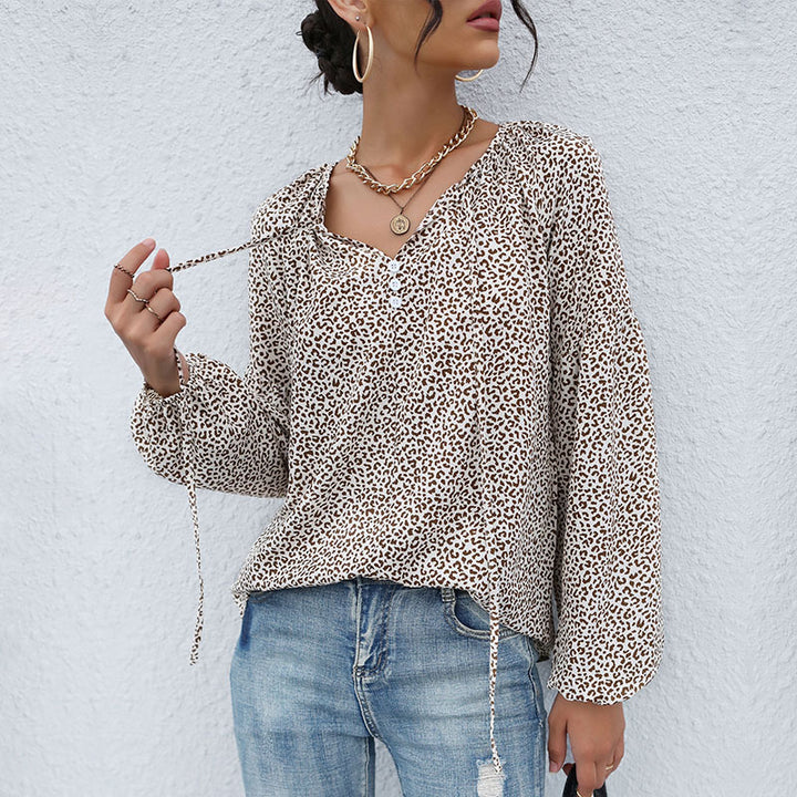 Damen Legere Tunika-Bluse mit feinem Leopardenprint, Knopfleiste und Ballonärmeln Drune