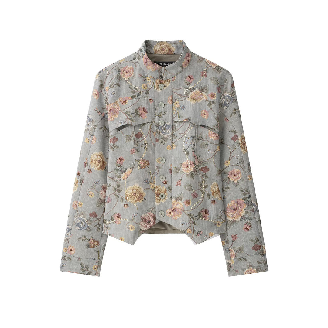 Damen Kurzjacke im Jacquard‑Blütenmuster mit Stehkragen und Zierknopfleiste Drune