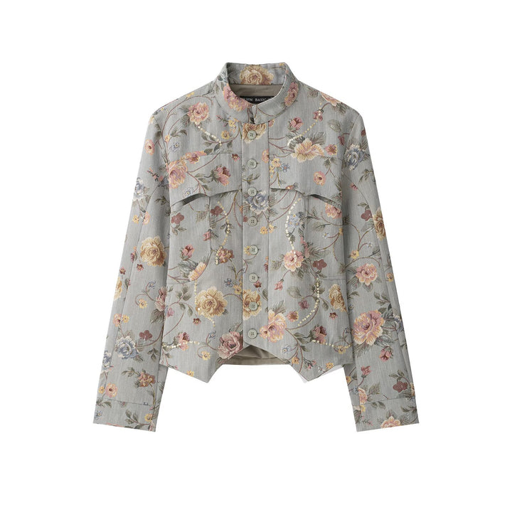 Damen Kurzjacke im Jacquard‑Blütenmuster mit Stehkragen und Zierknopfleiste Drune