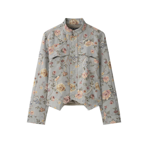 Damen Kurzjacke im Jacquard‑Blütenmuster mit Stehkragen und Zierknopfleiste Drune