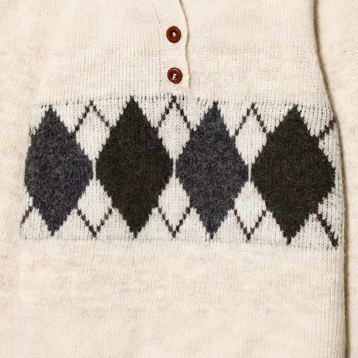 Damen Grobgestrickter Pullover mit Polokragen, Drei‑Knopf‑Blende und Rautenmuster Drune