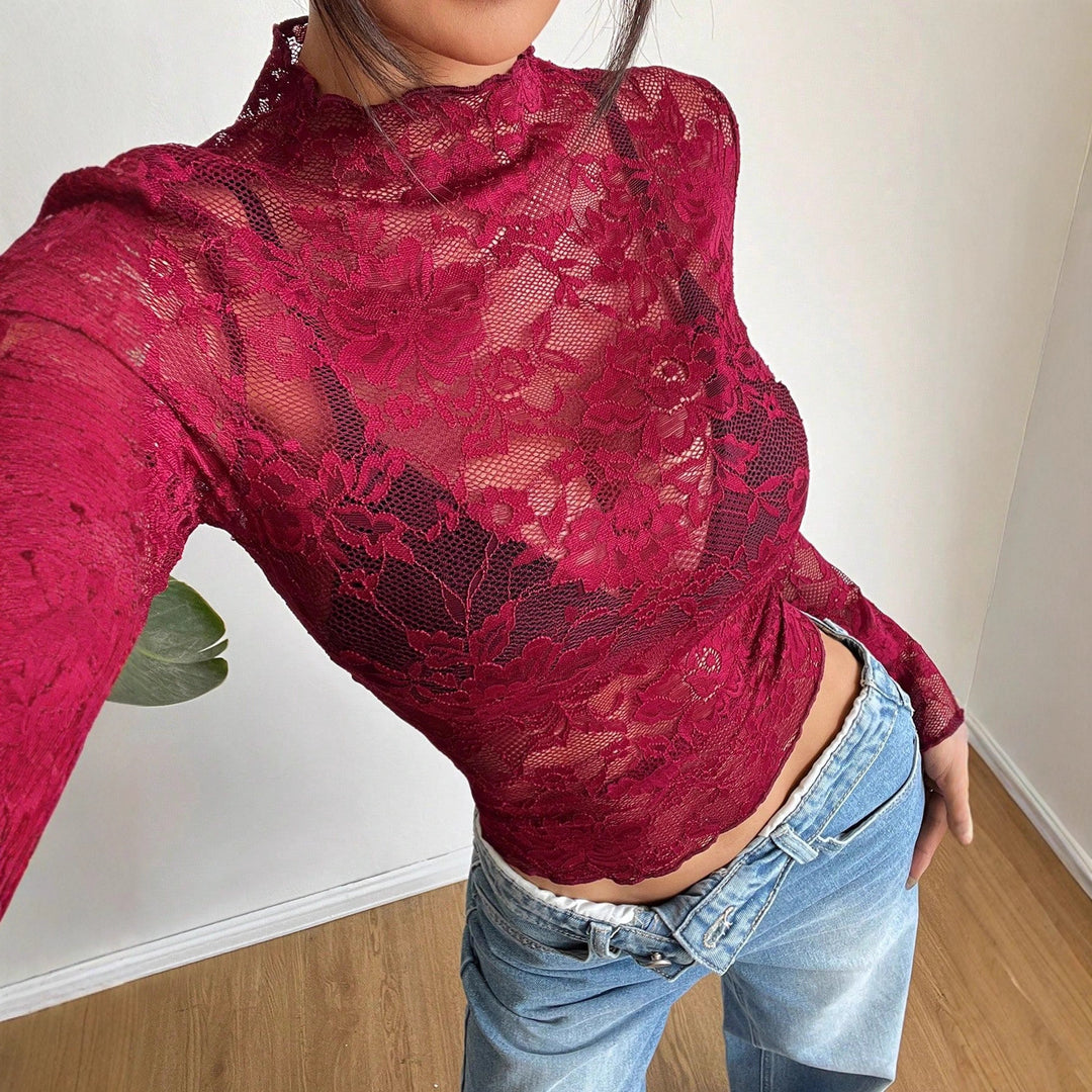 Damen nan figurbetontes transparentes Spitzen-Crop-Top mit hochgeschlossenem Kragen und integrierter Bustier-Form Drune