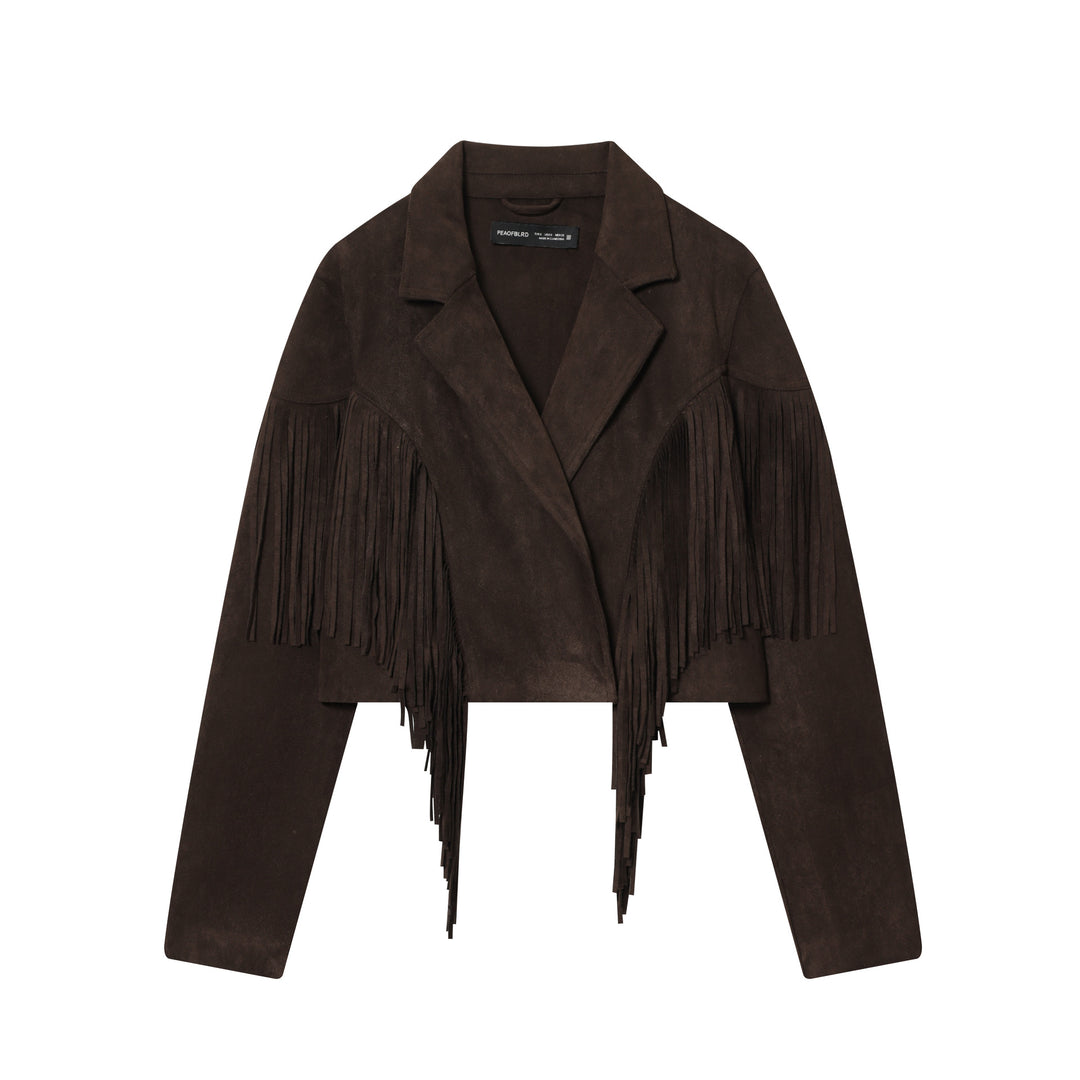 Damen nan kurze Wildlederjacke mit Reverskragen, kastigem Cropped‑Schnitt und dekorativen Fransen Drune