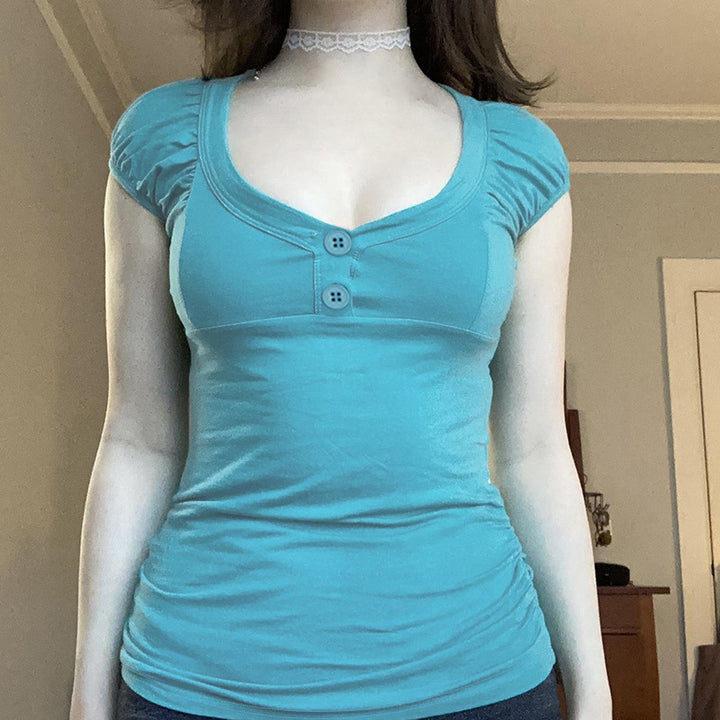 Damen figurbetontes Kurzarmshirt mit Puffärmeln und geschlossenen Knöpfen Drune