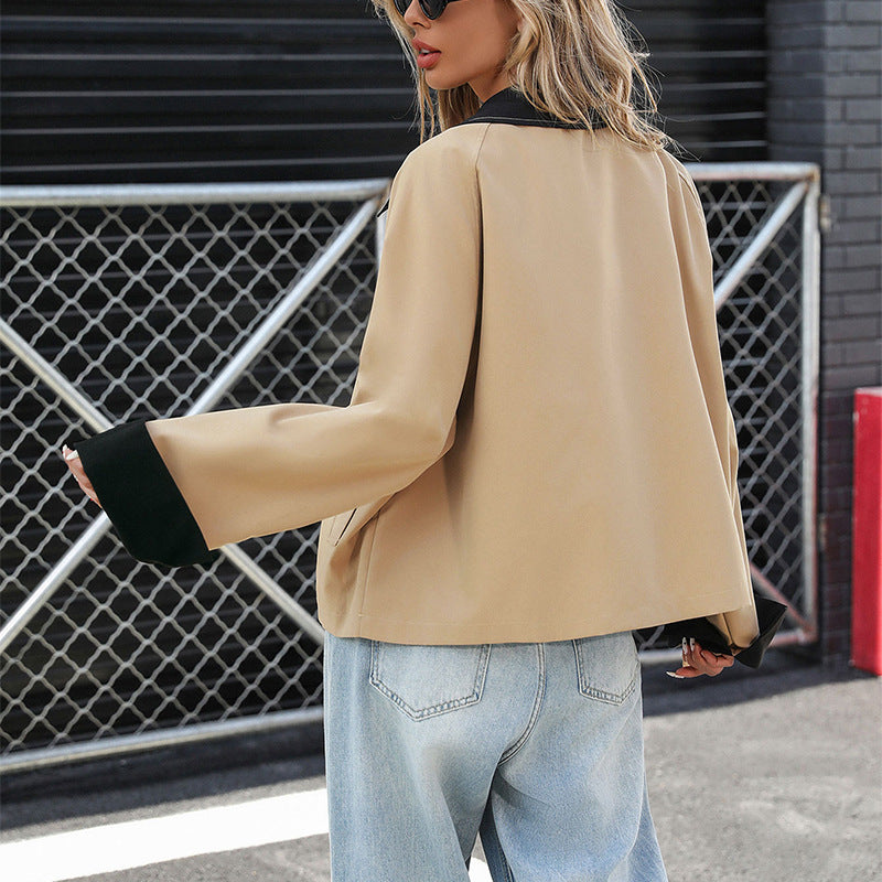 Damen Modische Oversized Jacke mit farblich abgesetztem Kragen Drune