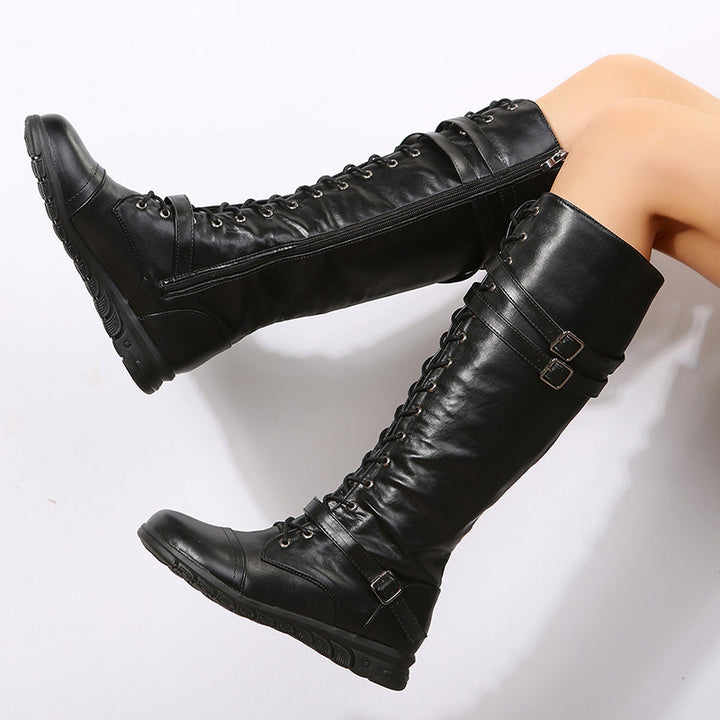 Damen  kniehohe Schnürstiefel mit Memory Fußbett, profilierter Gummisohle, Schnürung und seitlichem Reißverschluss Drune