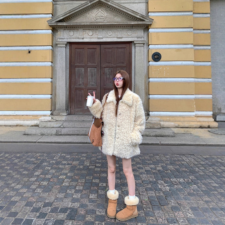 Damen Oversized Kunstfell‑Mantel mit Teddy‑Optik, Stehkragen und Eingrifftaschen Drune