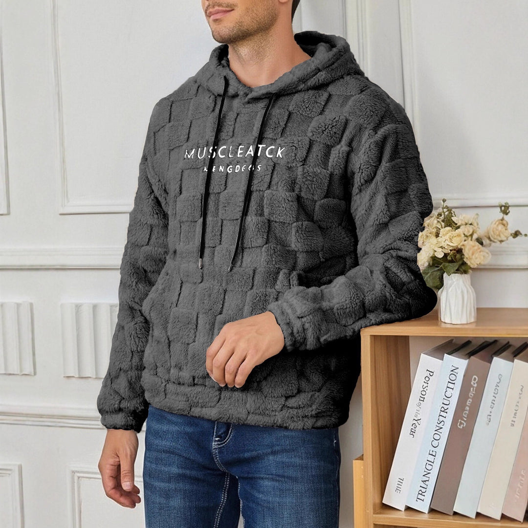Herren flauschiger Sherpa-Hoodie mit Quadrat-Steppmuster, Kängurutasche und verstellbarer Kapuze Drune