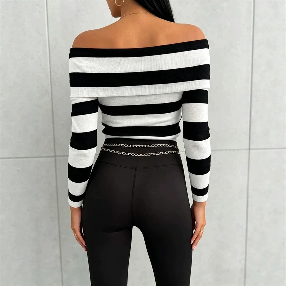 Damen Lässiges gestreiftes Oberteil im Off-Shoulder-Stil Drune