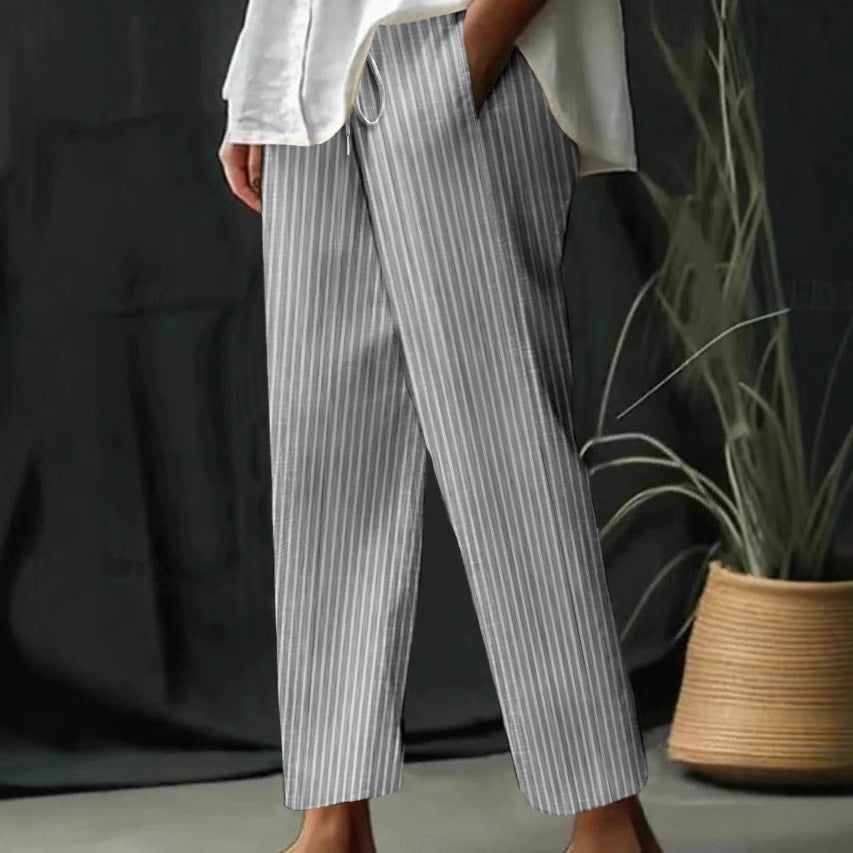 Damen gestreifte Leinen-Optik-Hose mit hohem Bund, Kordelzug und geradem, cropped Schnitt Drune