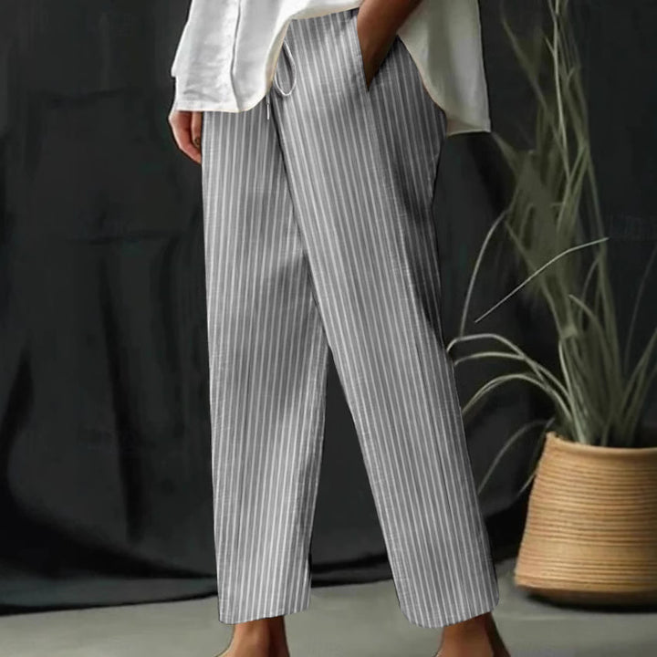 Damen gestreifte Leinen-Optik-Hose mit hohem Bund, Kordelzug und geradem, cropped Schnitt Drune