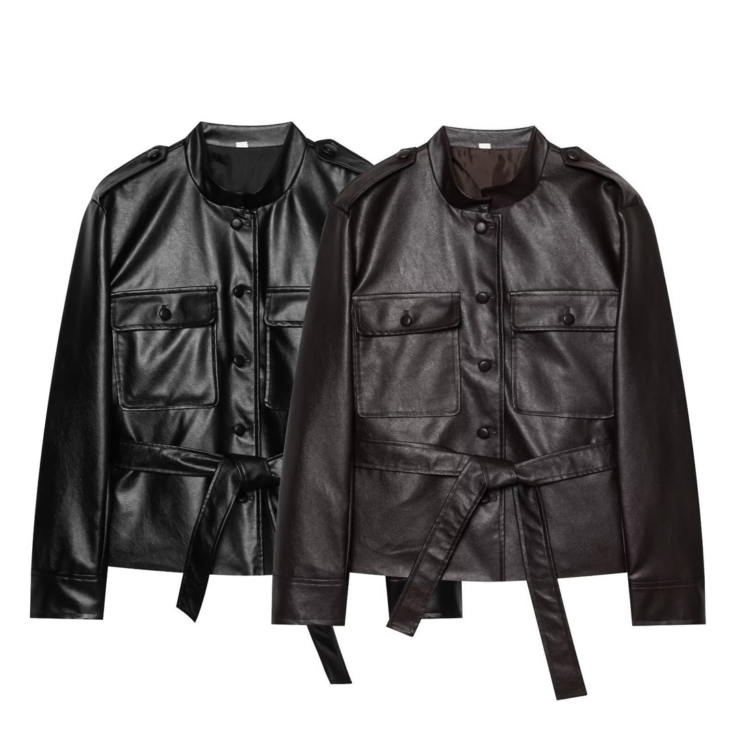 Damen Taillierter Kunstleder‑Blousonjacke mit Bindegürtel, Pattentaschen und Stehkragen Drune
