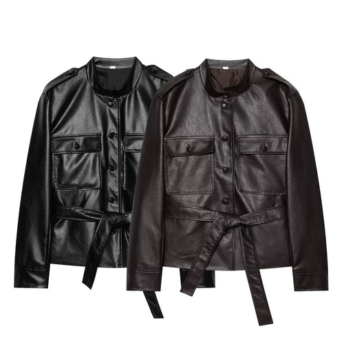 Damen Taillierter Kunstleder‑Blousonjacke mit Bindegürtel, Pattentaschen und Stehkragen Drune