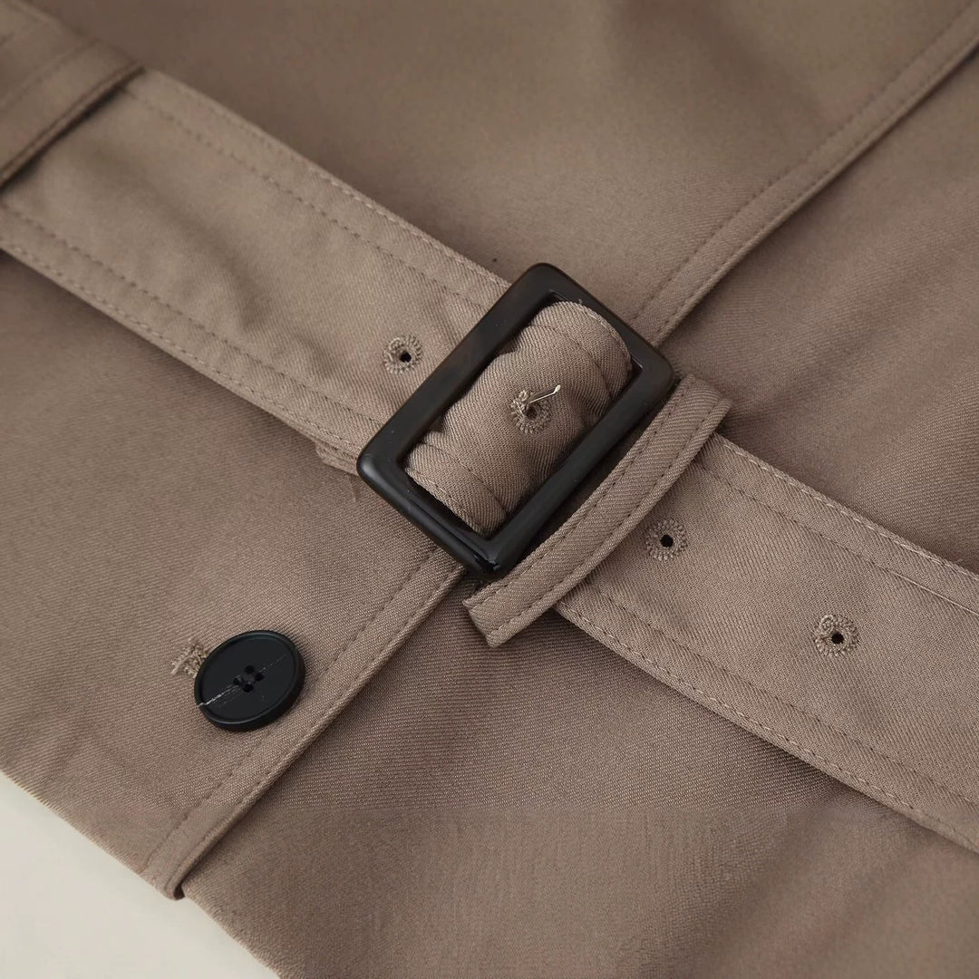 Damen Kurzer doppeltreihiger Trenchcoat mit Stehkragen und Taillengürtel Drune