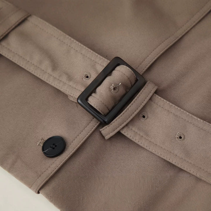 Damen Kurzer doppeltreihiger Trenchcoat mit Stehkragen und Taillengürtel Drune