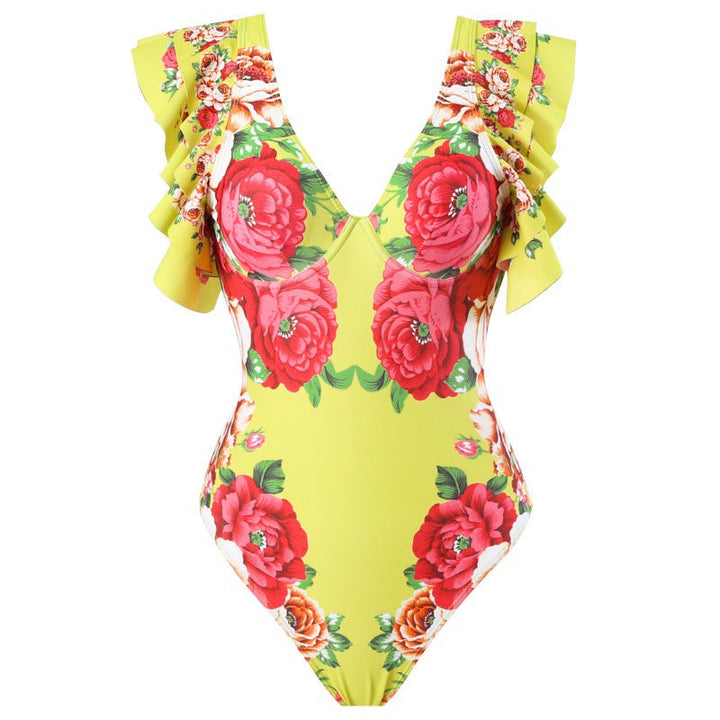 Damen Badeanzug mit Rüschendetails und floralem Überrock Drune