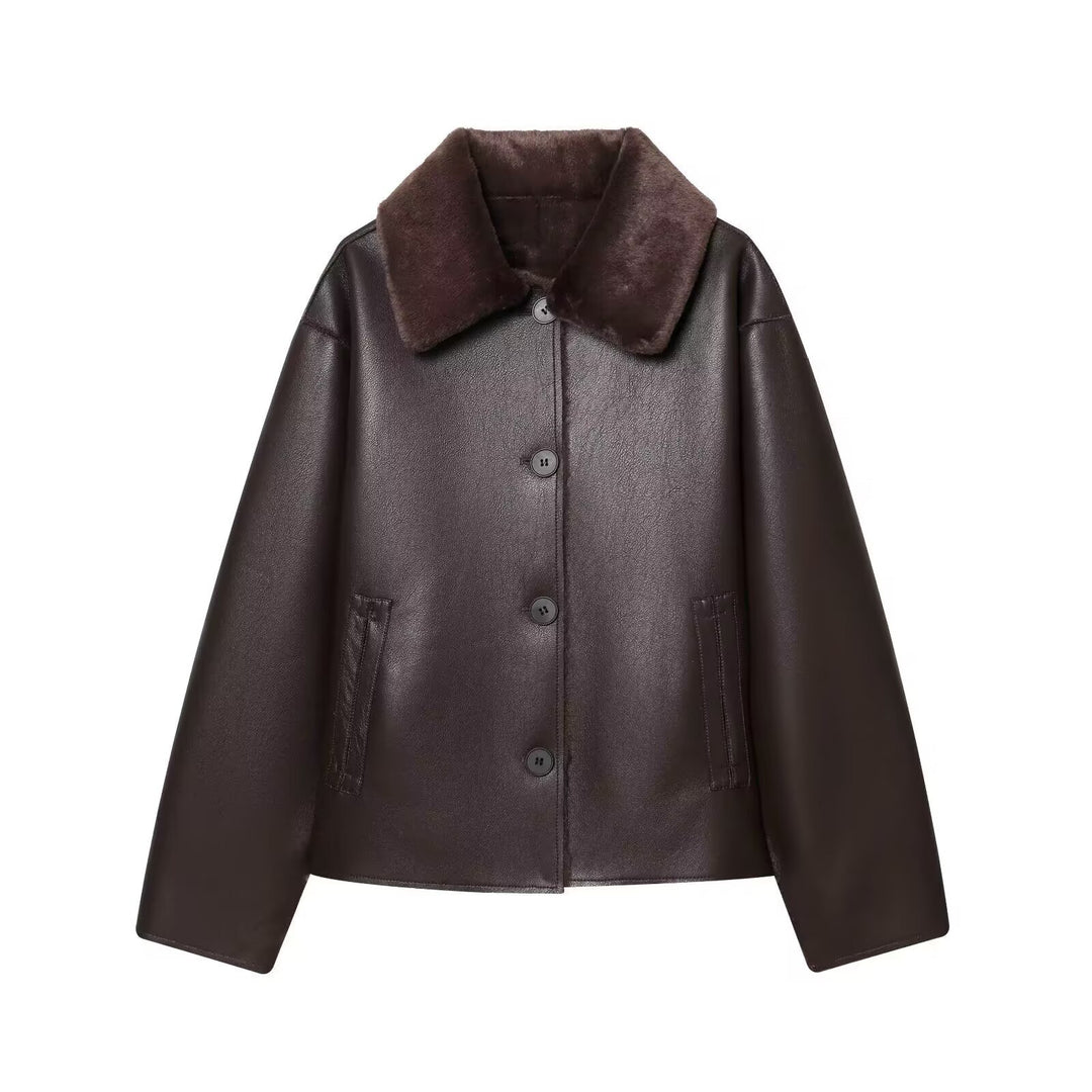 Damen Kurzjacke im Aviator-Style aus Kunstleder mit breitem Fellkragen Drune