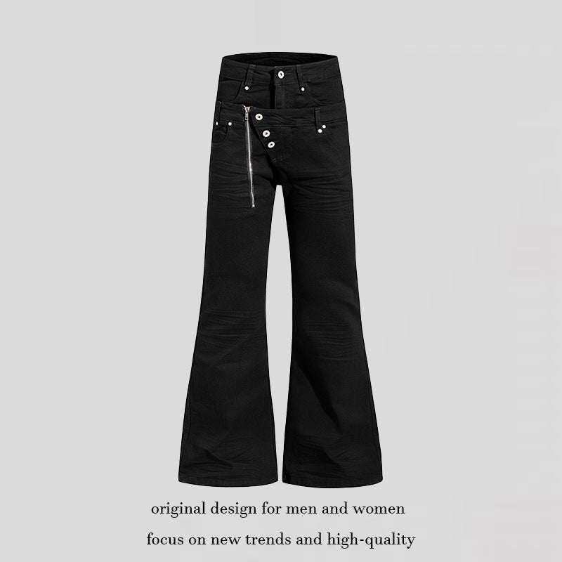Damen Weite Schlaghose aus Denim mit asymmetrischem Reißverschluss und Knopfverschluss Drune