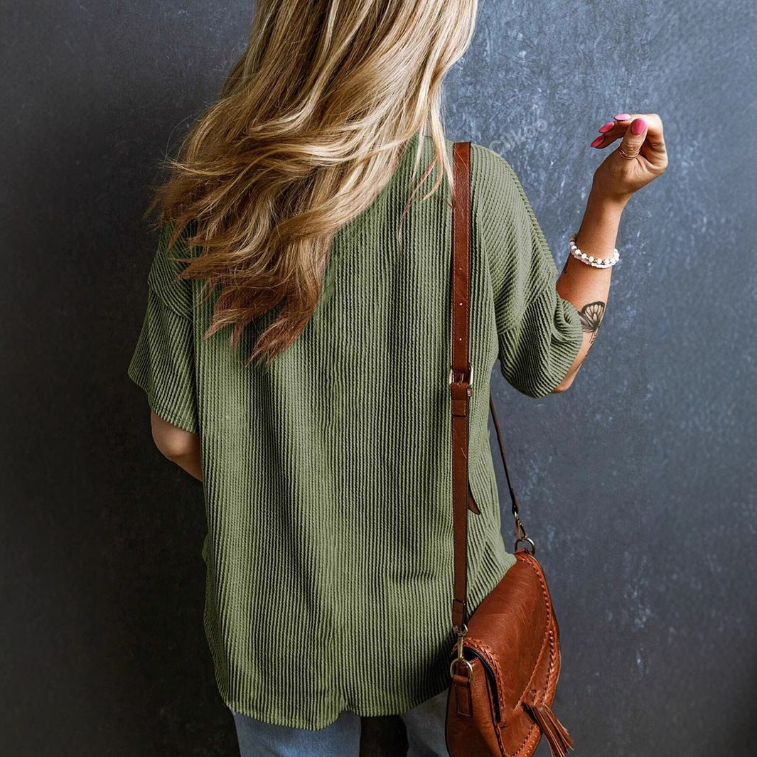 Damen Lässiges Rippstrick Oversize T-Shirt mit V-Ausschnitt und Brusttasche Drune