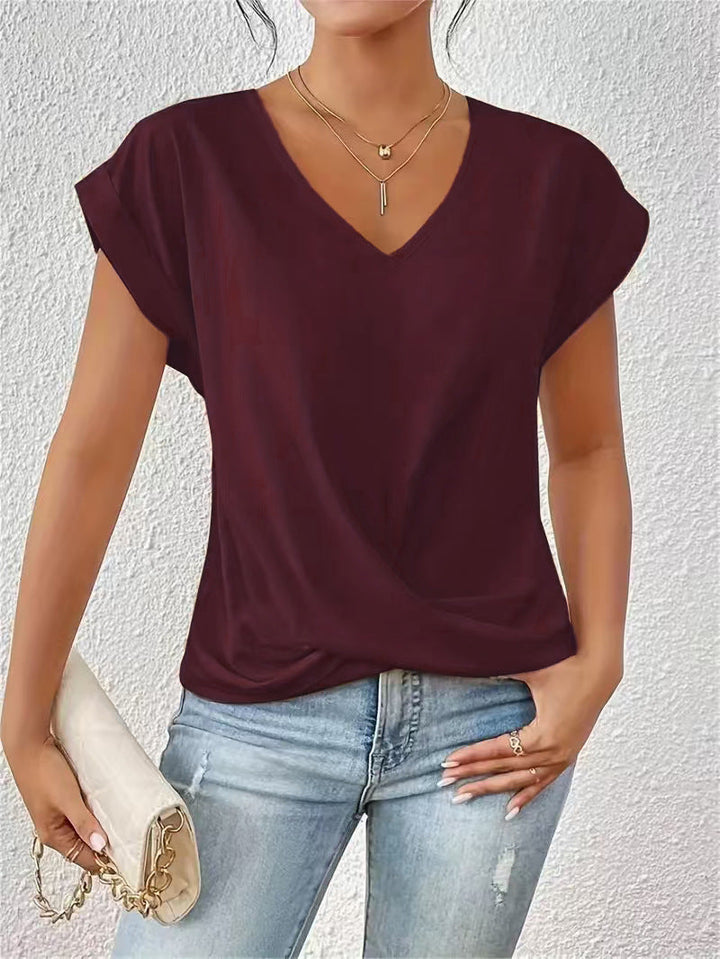 Damen elegante V-Ausschnitt Bluse mit lässiger Drapierung Drune
