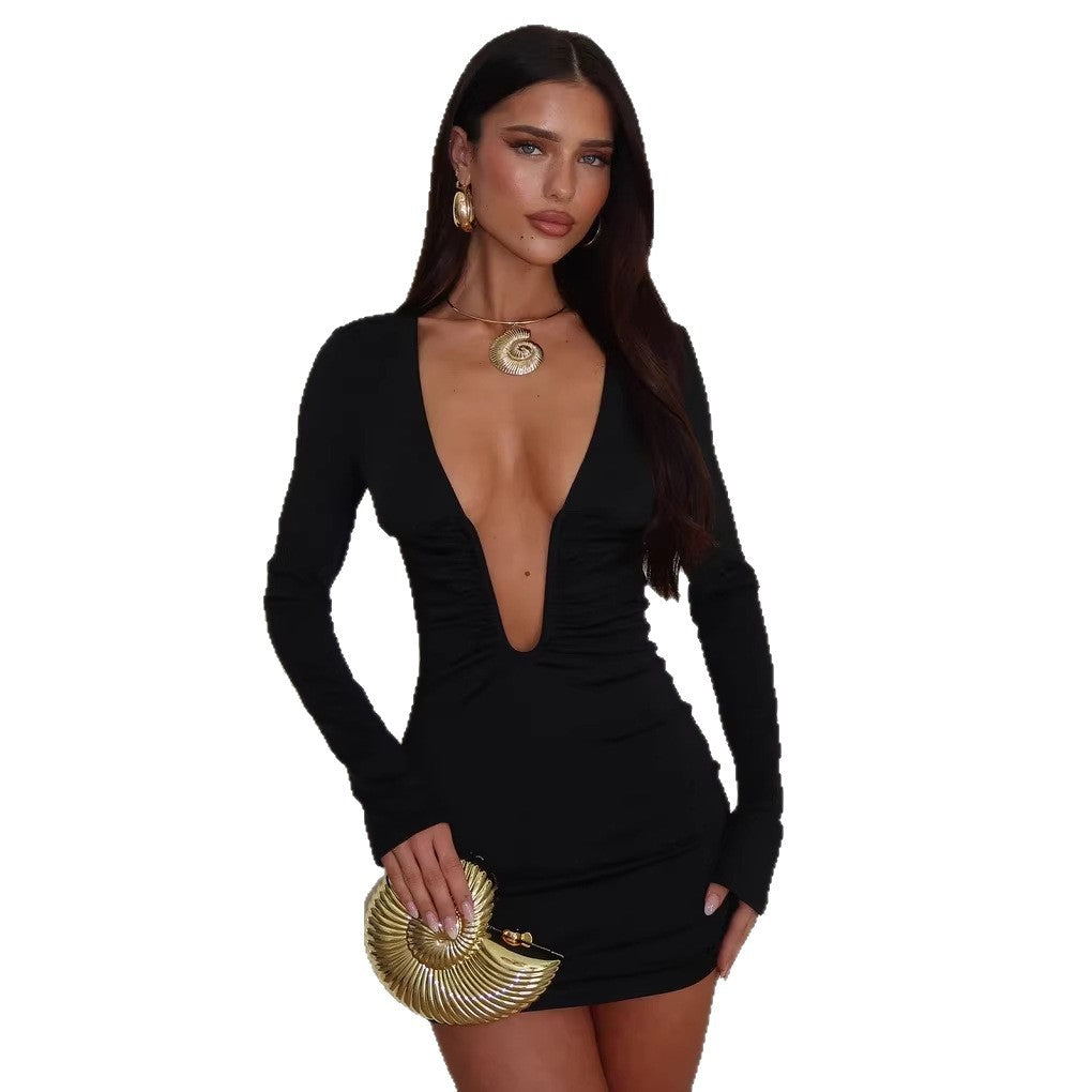 Damen Minikleid mit tiefem V-Ausschnitt und figurbetonter Raffung Drune
