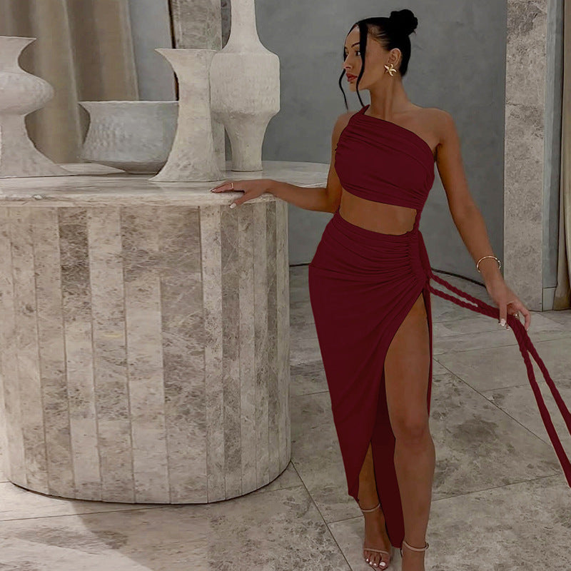 Damen Elegantes, einseitiges Maxikleid mit raffinierten Drapierungen Drune