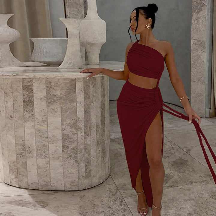 Damen Elegantes, einseitiges Maxikleid mit raffinierten Drapierungen Drune