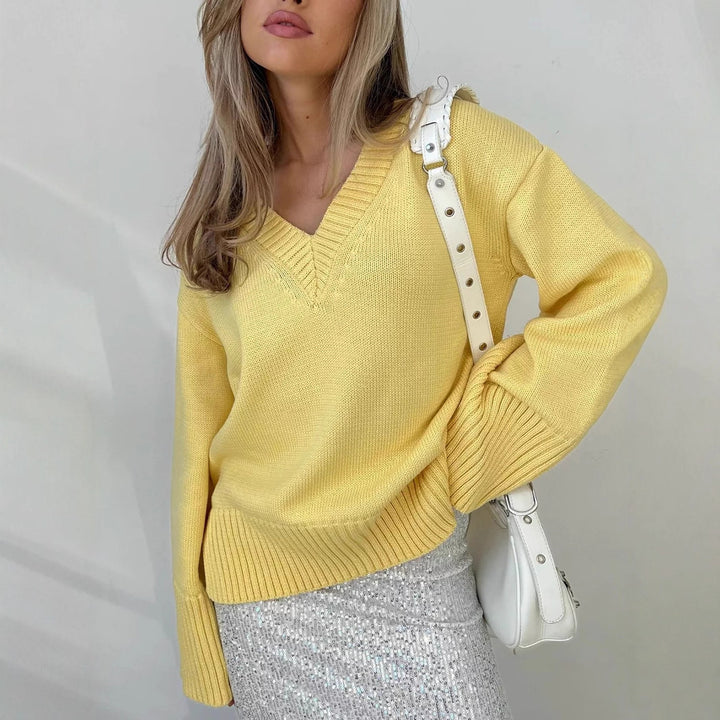 Damen oversized V-Ausschnitt Strickpullover mit breiten Rippbündchen und leichtem Fall Drune