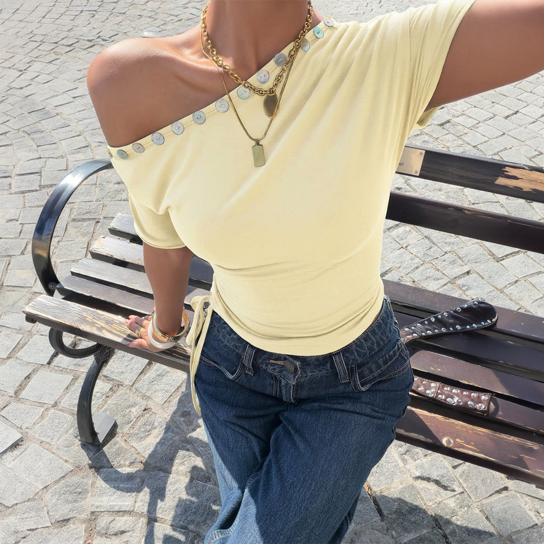 Damen Off-Shoulder Oberteil mit Rüschen und dekorativen Knöpfen Drune