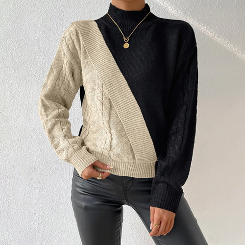 Damen Strickpullover mit asymmetrischem Zopfmuster und hohem Kragen Drune