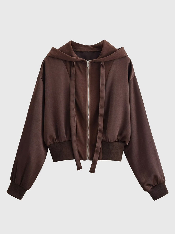 Damen Cropped Kapuzenjacke mit Reißverschluss, übergroßen Ärmeln und breitem Rippbund Drune