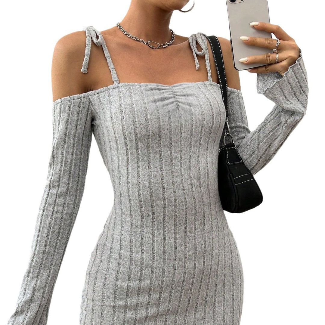 Damen geripptes One-Shoulder-Strickminikleid mit Bindeträgern taillierter Bodycon-Passform Drune