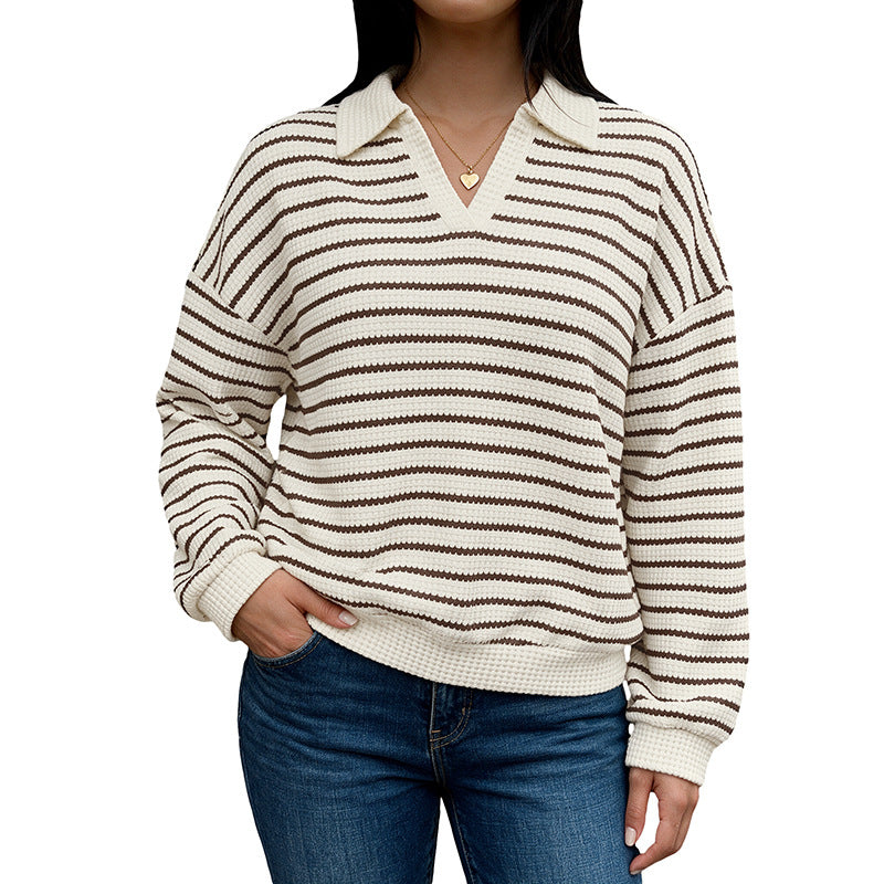 Damen Stylischer V-Ausschnitt Pullover mit Streifen Drune